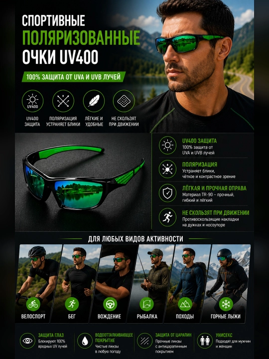 Yugurish va velosiped haydash uchun qutblangan UV400 sport ko‘zoynaklari - 