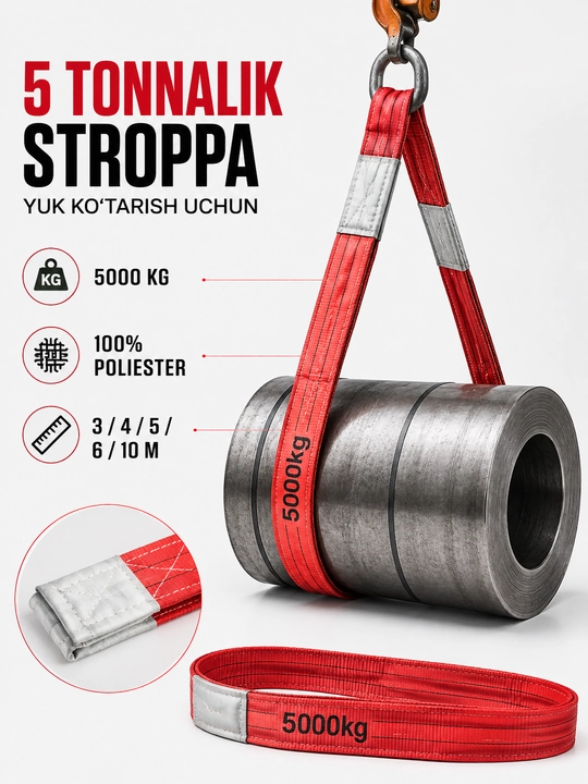 5 T yuk ko‘taruvchi matoli stroppa, 3 m, 4 m, 5 m, 6 m, 10m, polyester - 