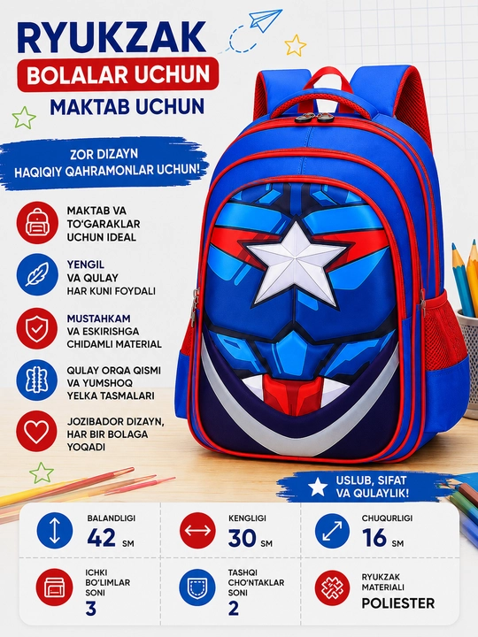 O‘g‘il bolalar uchun superqahramonlar bilan maktab ryukzagi - 