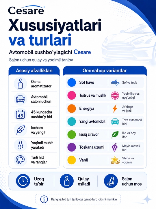 Автомобильный ароматизатор Cesare для салона авто, подвесной, разные ароматы и цвета, 1 шт