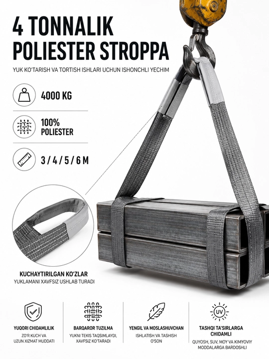 4 T yuk ko‘taruvchi matoli stroppa, 3m, 4 m, 5 m, 6 m, 100% polyester - 