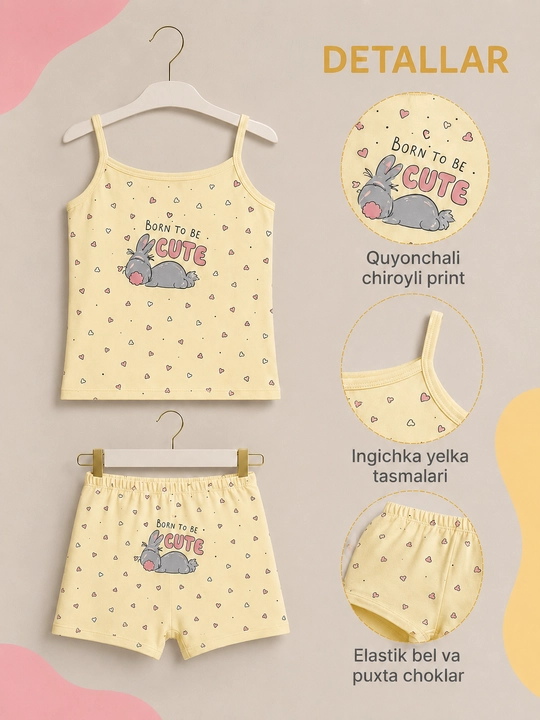 Qiz bolalar uchun mayka va trusik-shortik to‘plami — ayiqchali print, Turkiya - 