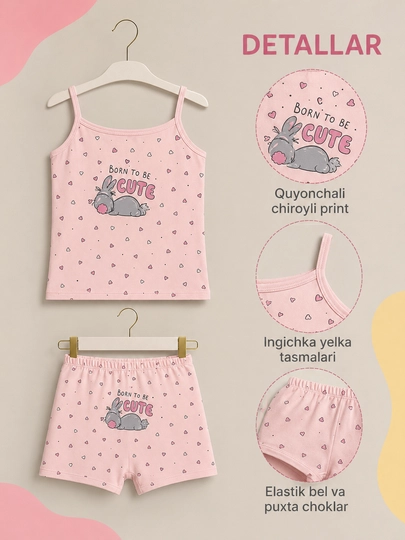Qiz bolalar uchun mayka va trusik-shortik to‘plami — ayiqchali print, Turkiya - 