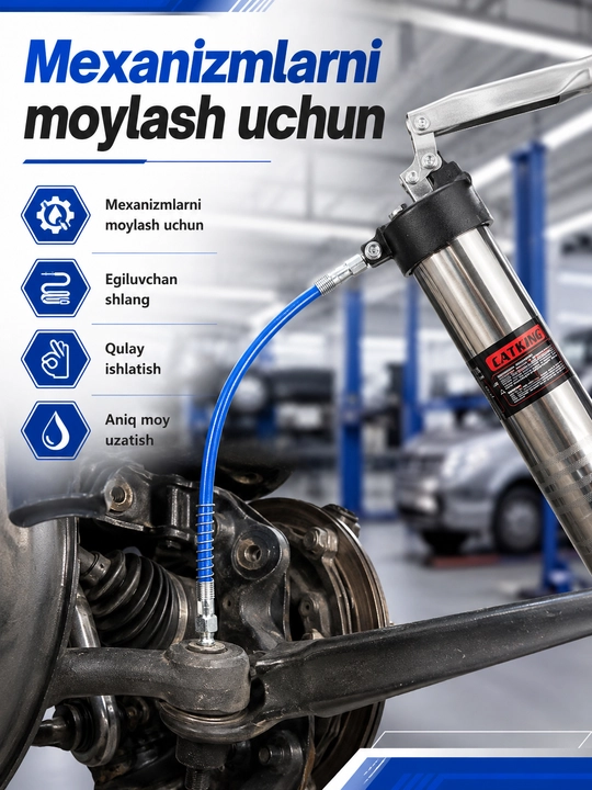 Avtomobil uchun qo‘l moylash shpritsi, egiluvchan shlang, uchliklar va plastik quti bilan