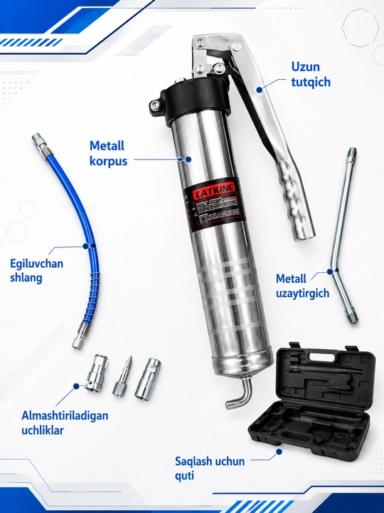 Avtomobil uchun qo‘l moylash shpritsi, egiluvchan shlang, uchliklar va plastik quti bilan