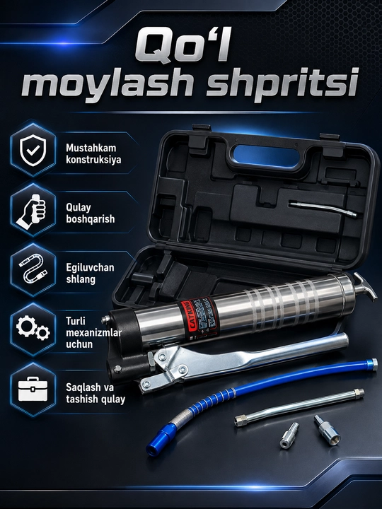 Avtomobil uchun qo‘l moylash shpritsi, egiluvchan shlang, uchliklar va plastik quti bilan