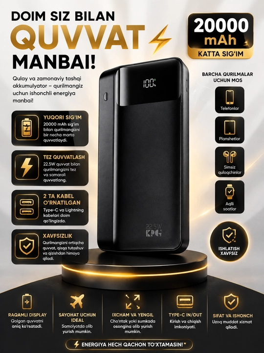 Power bank Внешний аккумулятор, 20000 mA/h, 22.5w, с быстрой зарядкой - 