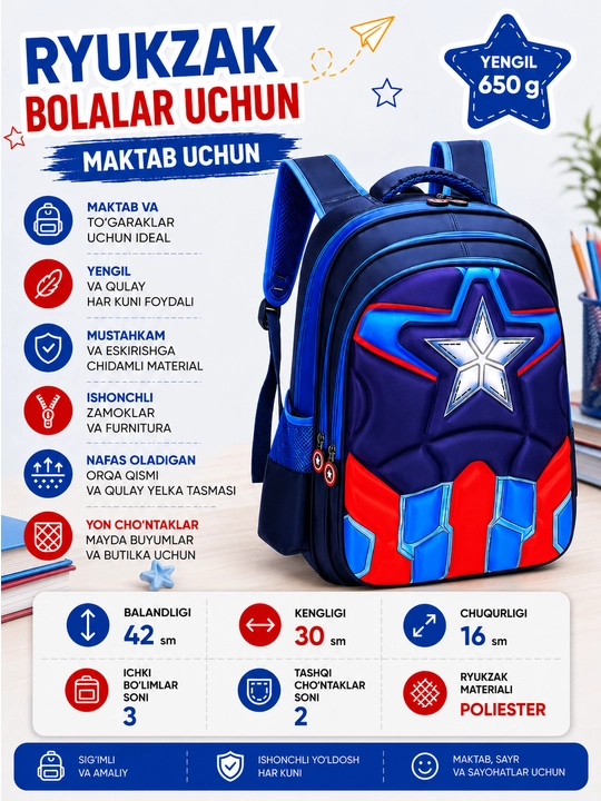 O‘g‘il bolalar uchun superqahramonlar bilan maktab ryukzagi - 