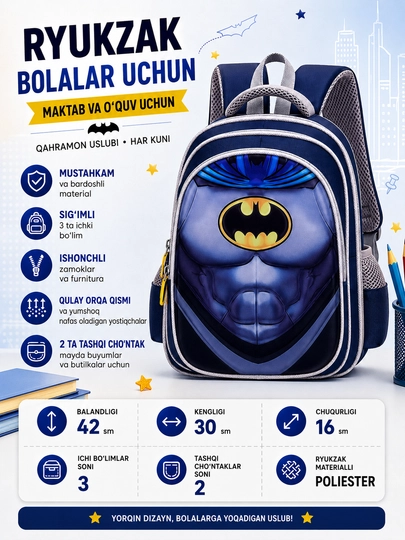 O‘g‘il bolalar uchun superqahramonlar bilan maktab ryukzagi - 