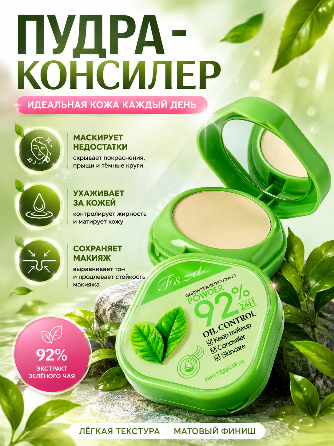 Пудра консилер для лица минеральная матовая компактная - 