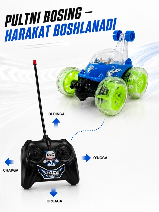 360° tryukli poyga mashinasi, radioboshqaruv, pult va chiroq