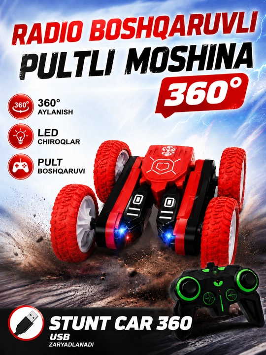 360° tryukli poyga mashinasi, radioboshqaruv, pult va chiroq