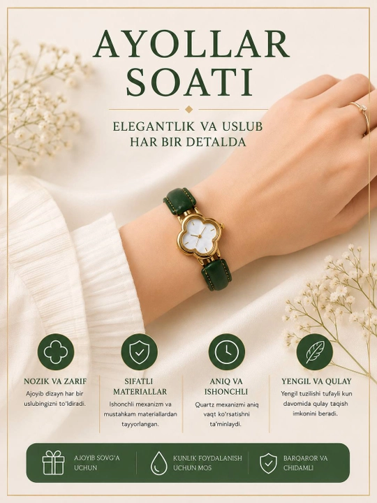 Ayollar uchun qo‘l soati, nafis quartz soat, oltin rangli metall bilaguzuk