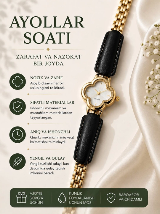 Ayollar uchun qo‘l soati, nafis quartz soat, oltin rangli metall bilaguzuk