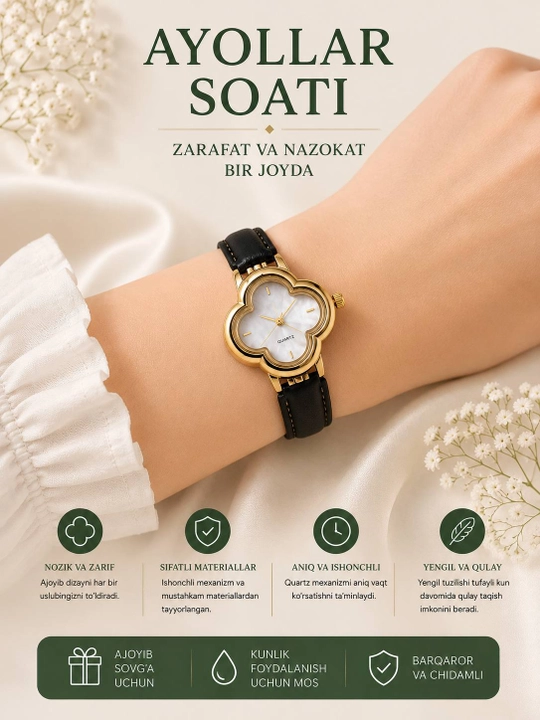 Ayollar uchun qo‘l soati, nafis quartz soat, oltin rangli metall bilaguzuk