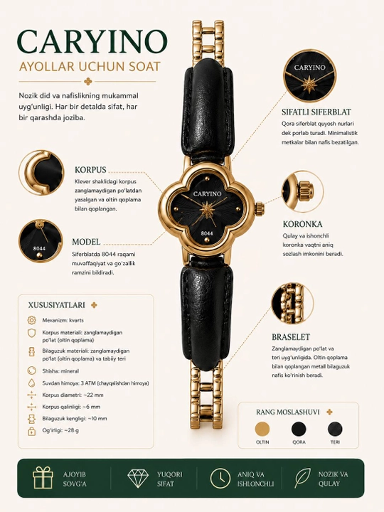 Ayollar uchun qo‘l soati, nafis quartz soat, oltin rangli metall bilaguzuk