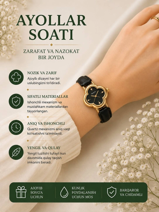 Ayollar uchun qo‘l soati, nafis quartz soat, oltin rangli metall bilaguzuk