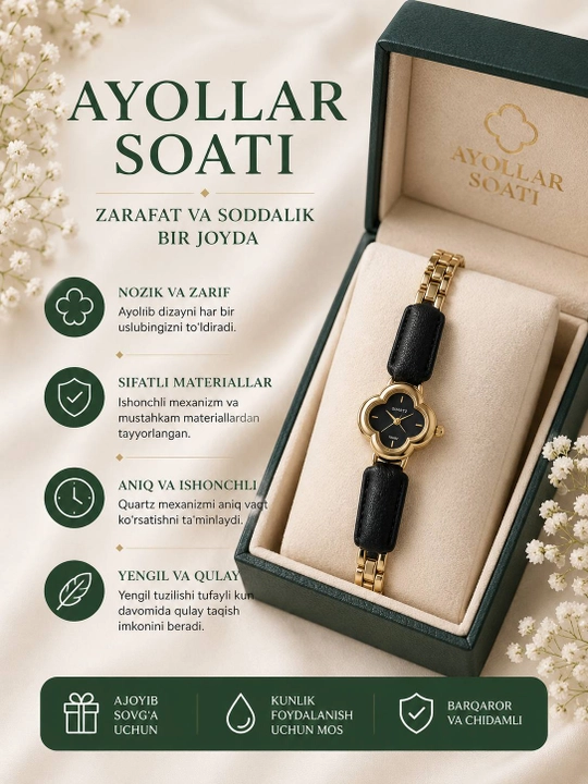 Ayollar uchun qo‘l soati, nafis quartz soat, oltin rangli metall bilaguzuk