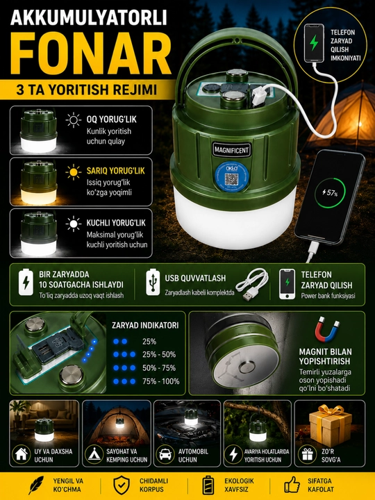 4400 mA/soat quvvatli magnitli akkumulyator fonari 3 rejimli USB Power Bank - 