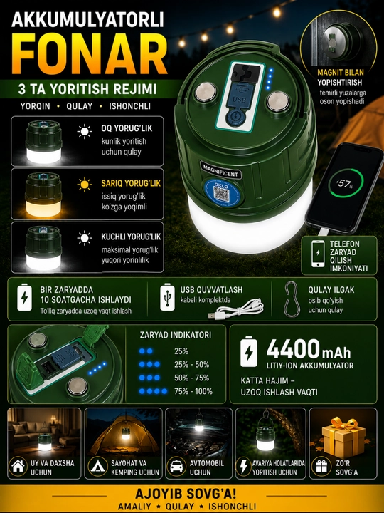 4400 mA/soat quvvatli magnitli akkumulyator fonari 3 rejimli USB Power Bank