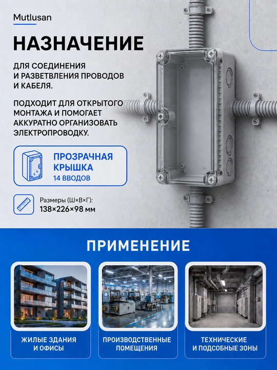 Короб Mutlusan 138×226×98 мм, прозрачная крышка, 14 вводов