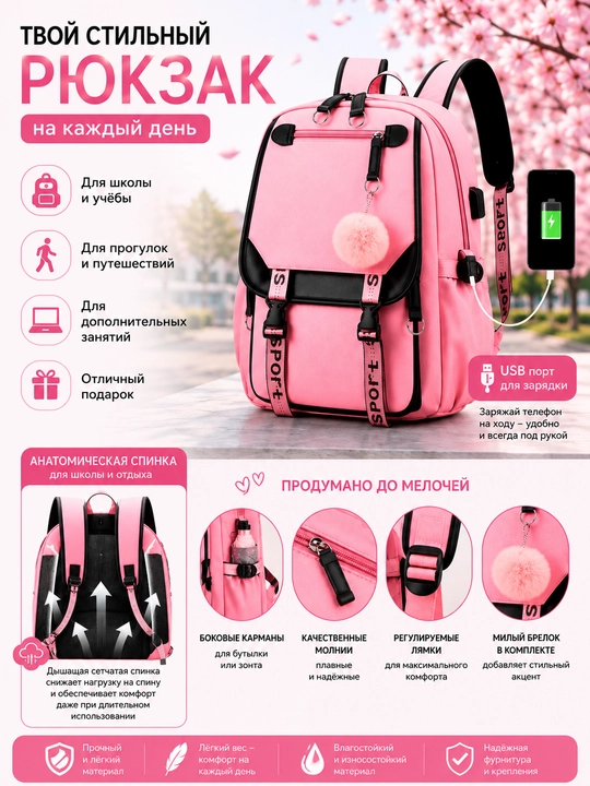 Рюкзак для девочки, с выходами USB, для школы и отдыха, 4 расцветки