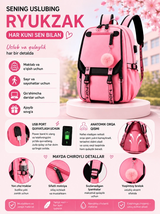 Qizlar uchun ryukzak, USB chiqishli, maktab va dam olish uchun, 4 xil rang - 