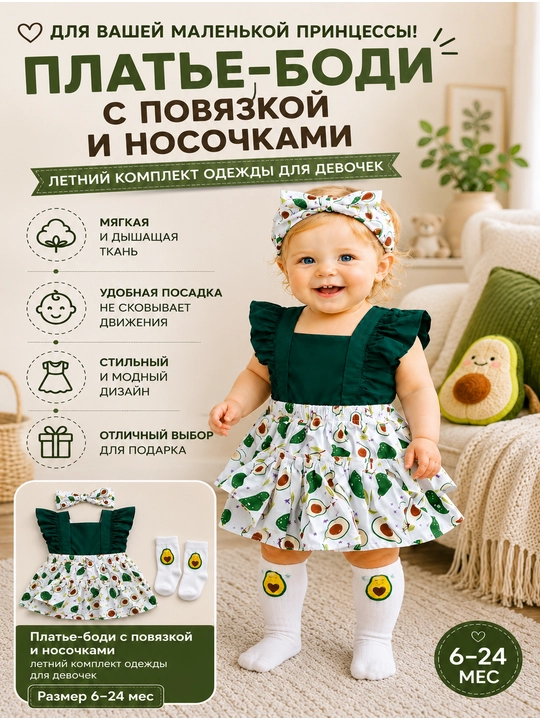 Платье-боди с повязкой для девочек, летний комплект одежды для девочек, размер 6-24 мес