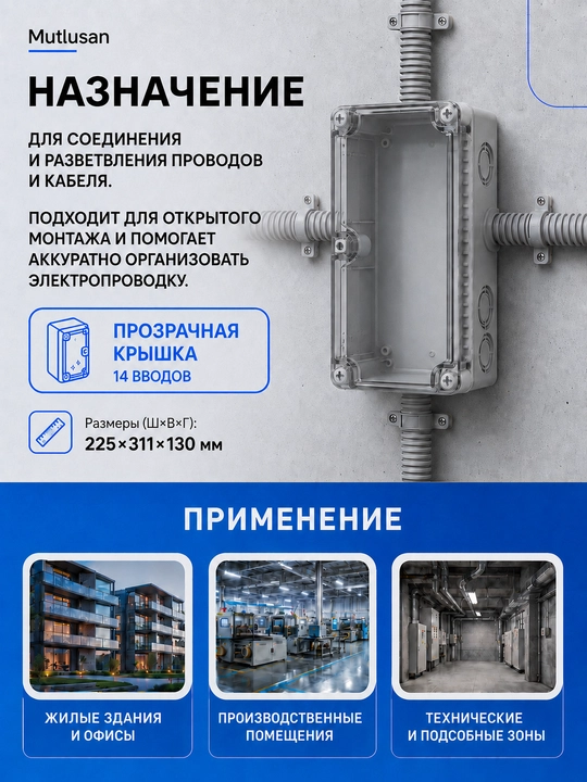 Короб Mutlusan 225×311×130 мм, прозрачная крышка, 14 вводов