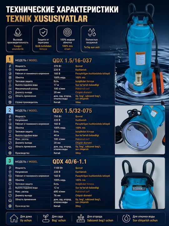 Nasos, suv osti nasosi, quduq nasosi, avtomatik nasos MOON QDX