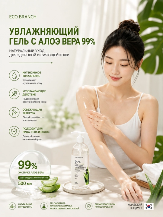 ECO BRANCH Aloe Vera Moisture Soothing Gel, увлажнение, алоэ вера 99%, лицо и тело, 500 мл