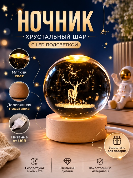 Kristall tungi chiroq, 3D LED lampa, USB sensorli, 3 yorug'lik rejimi, sovg'a uchun - 