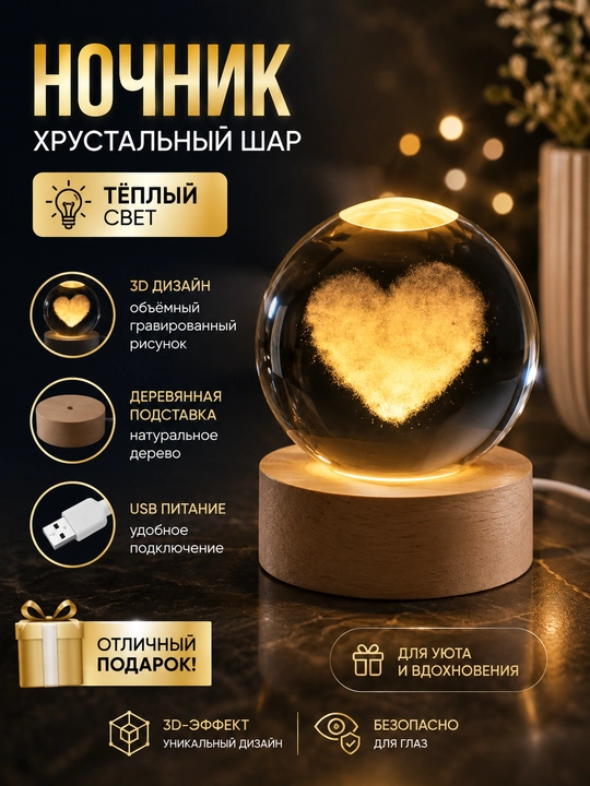 Kristall tungi chiroq, 3D LED lampa, USB sensorli, 3 yorug'lik rejimi, sovg'a uchun - 
