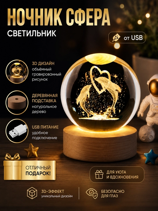 Kristall tungi chiroq, 3D LED lampa, USB sensorli, 3 yorug'lik rejimi, sovg'a uchun - 