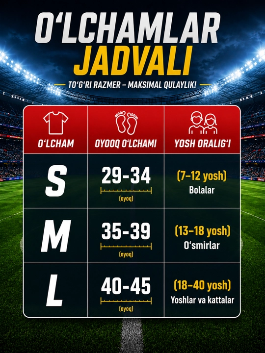 Futbol anjomlari to'plami, 7 tasi 1 da, 5 tasi 1 da, getra, paypoq, qalqon, sumka, teyp