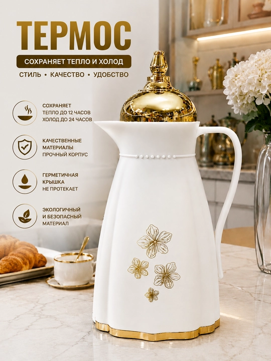 Термос, 1 л, тёмно-синий, с золотым декором, вакуумный кувшин для чая, кофе и напитков дома - 