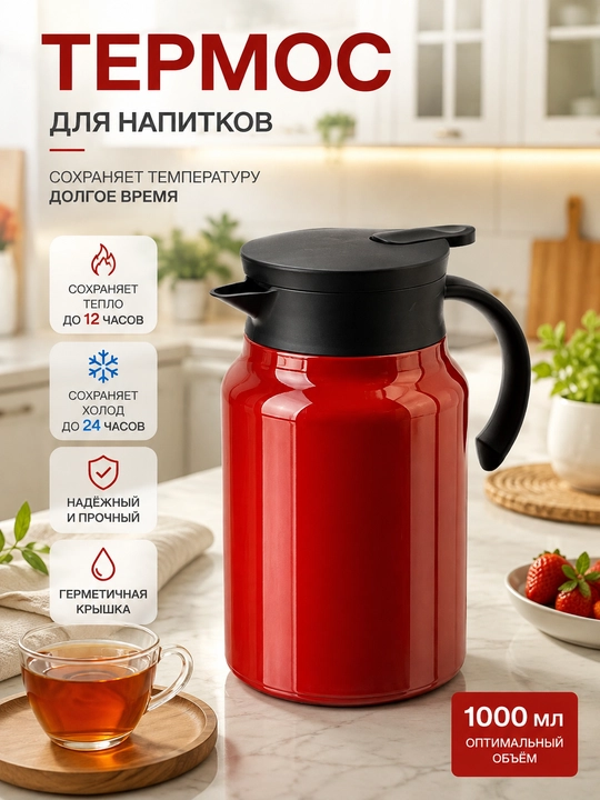 Термос, 1000 мл, для чая и напитков с ситечком, герметичная крышка, красный - 