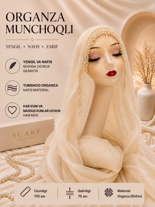 Organza tayyor munchoqli sharf, ayollar uchun hijobi bayramona kundalik bosh ro‘mol - 