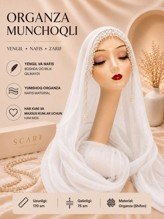Organza tayyor munchoqli sharf, ayollar uchun hijobi bayramona kundalik bosh ro‘mol - 