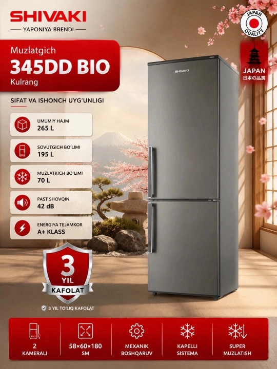 Muzlatgich Shivaki 345DD BIO, Kulrang