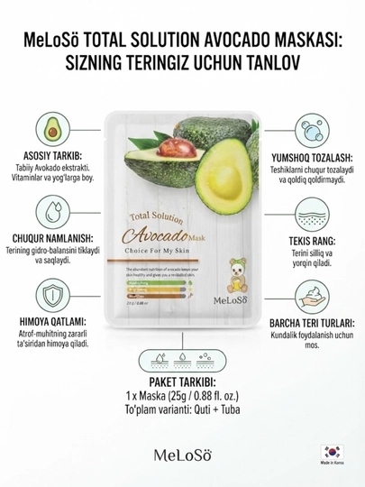 MeLoSö Total Solution Avocado Mask 25g tabiy avokado bilan boyitilgan namlantiruvchi niqob