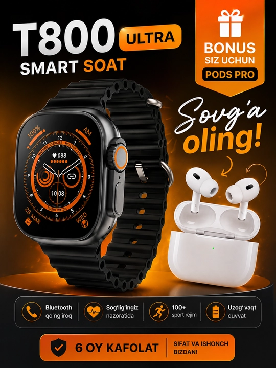 T800 Ultra Smart Watch, Bonus Pods Pro Quloqchin - 