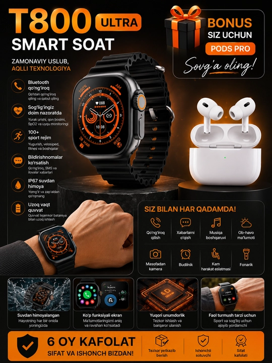 T800 Ultra Smart Watch, Bonus Pods Pro Quloqchin
