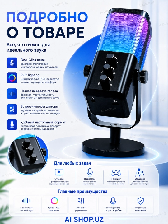 Игровой USB-микрофон RGB для компьютера с подсветкой и кнопкой отключения звука