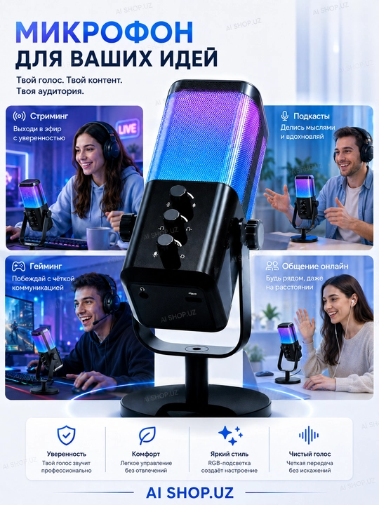 Игровой USB-микрофон RGB для компьютера с подсветкой и кнопкой отключения звука