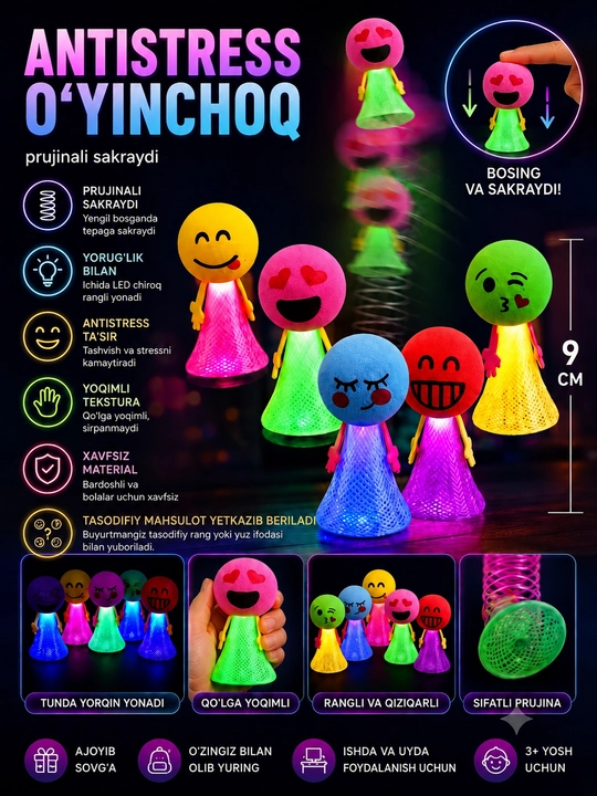 LED Chiroqli Sakrovchi Antistress O'yinchoq - Yumshoq Emoji Rangli Antistress Mesh Shar - 