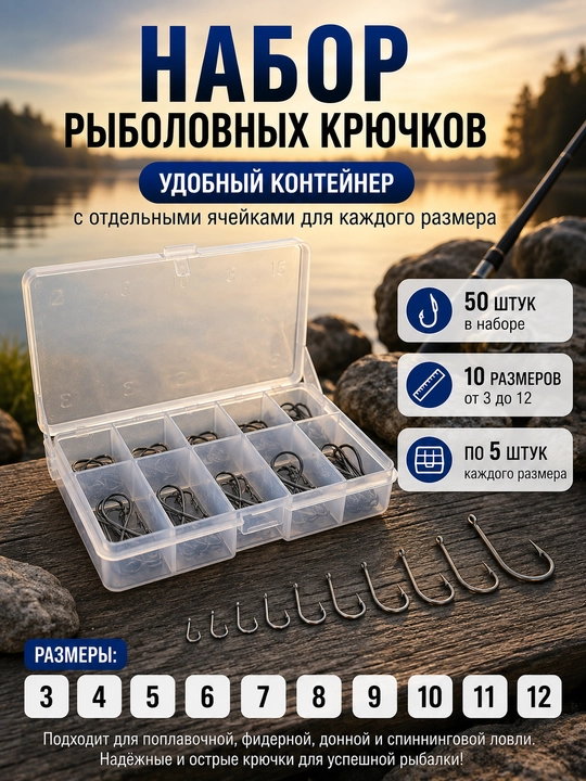 Набор острых рыболовных крючков 50 шт, 10 размеров 3–12 - 