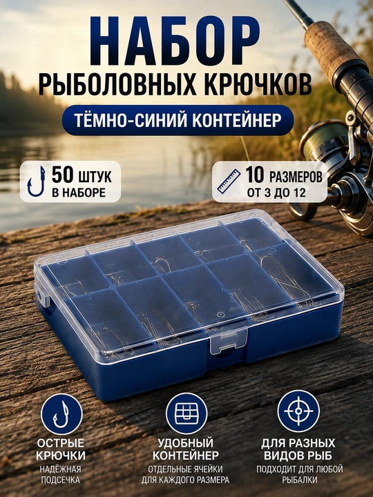 Набор острых рыболовных крючков 50 шт, 10 размеров 3–12 - 