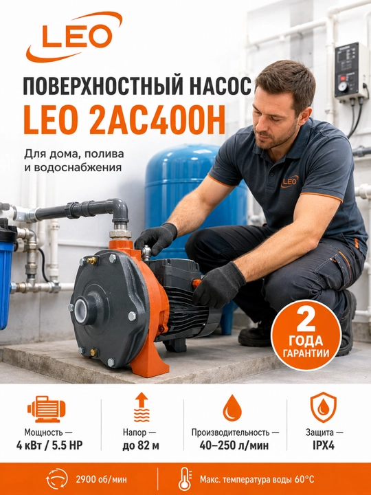 LEO 2AC400H markazdan qochma nasos, 4 kVt, 250 l/min, 82 m bosim