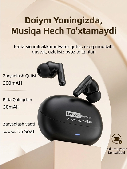 Lenovo LE257 Hi-Fi, ENS+ Simsiz quloqchin, sensorli, bluetooth 6.0, naushnik, stereo